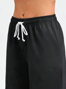 Women's Loose Fit Straight Leg Drawstring Sports Pants With Pockets - Black - View 4