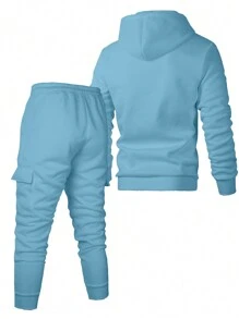 Manfinity Homme Men's Solid Color Utility Pocket Drawstring Hoodie And Sweatpants Set, Autumn, Men 2 Pieces Sweatsuit Set Light Blue, Men Blue Hoodie And Jogger Set, Men Sweatsuit Set Light Blue - Baby Blue - View 2