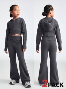 SHEIN Tween Girls /Basic Rib Knit Fuzzy Zip Up Grey Sweater&Petite Bell Bottoms Sets,Two Pieces Outfits - Grey - View 5