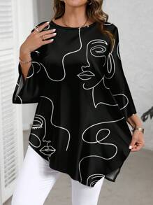 EMERY ROSE Casual Minimalist All-Over Abstract Line Face Print Plus Size Shirt, Suitable For Autumn/Winter