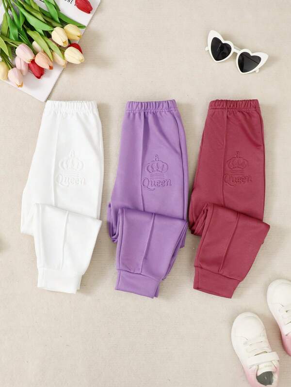 SHEIN Pantalons de jogging en tricot respirant avec taille à cordon, motif embossé couronne, décontracté, pour filles, automne/hiver