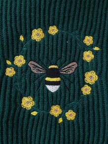 Girls' Retro Countryside Style Bee Embroidered High Neck Knitted Sweater - Green - View 3
