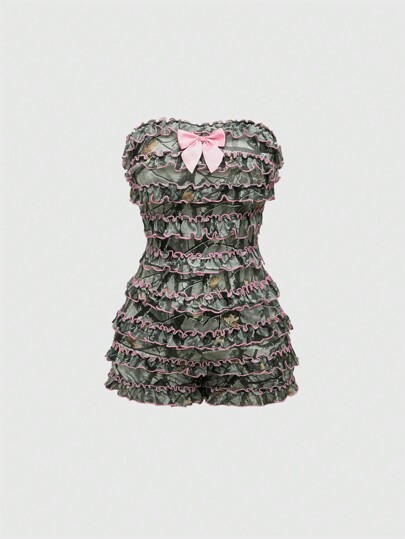 Y2K Style Camouflage Allover Print Multi-Layered Ruffle Edge Cake Mini Romper For Women