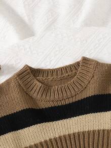 SHEIN Tween Girls Brown Color Stripe Pattern Drop Shoulder Super Crop Y2K Grunge Sweater, Suitable For Daily Wear, Casual Occasion,In Fall/Winter