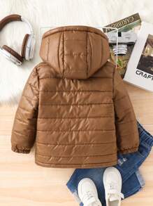 SHEIN 1 pieza Abrigo acolchado con capucha forrado térmico de estilo casual para niños pequeños, adecuado para la temporada de otoño/invierno