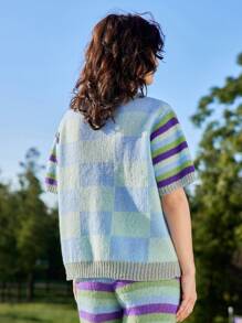 Skyraze Women's V-Neck Short Sleeve Plaid Sweater, Casual Everyday Wear,Geometric Pattern - Multicolor - View 2