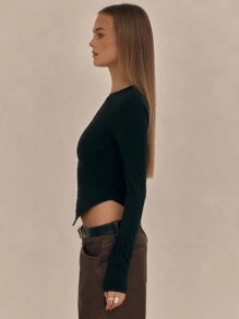 MUSERA Asymmetrical Hem Long Sleeve Top Casual Summer Spring - Black - View 5