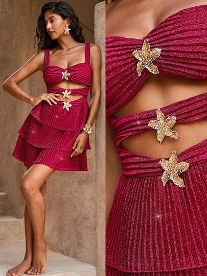 Opulessa 秋冬季圣诞节婚礼鸡尾酒会正式礼服度假纯色针织镂空前迷你连衣裙女士