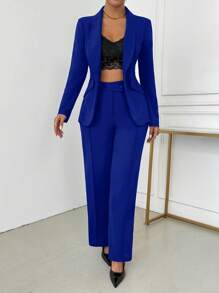 SHEIN SXY Women's Elegant Single-Breasted Notch Lapel Blazer Jacket And Pants Set Office Wear Women In Fall/Winter - Royal Blue - View 3