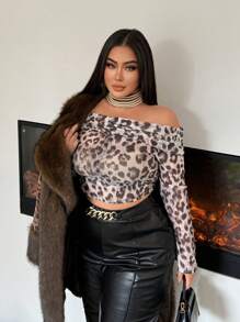 SHEIN SXY Plus Size Women Strapless Strapless Leopard Print Sheer Bodycon Off Shoulder Crop Top, Suitable For Daily Wear, Dates, Prom, Parties, New Year Gatherings, Banquets, Cocktail, Elegant, Body Modification And Body Curves - Multicolor - View 6