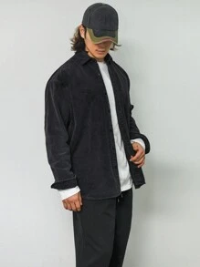 DAZY 男士休闲简约纯色衬衫，春秋季长袖男衬衣 - 灰色 - 查看 4