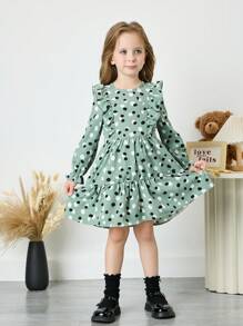 SHEIN Fashionable And Cute Young Girl Polka Dot Ruffle Sleeve Long Dress,Great For Casual & Daily Wear & School Daily In Autumn & Winter, For Christmas, Girls Winter Clothes - Green - View 7