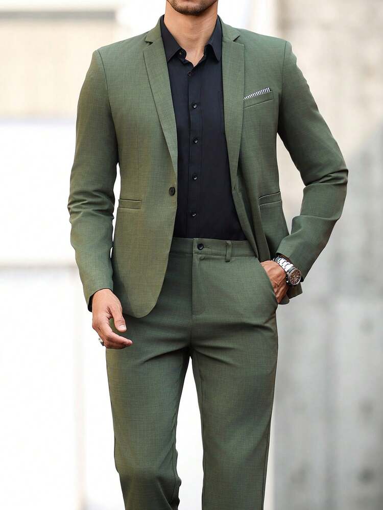 Manfinity Bizformal بدلة رجالية رسمية عمل، جاكيت بياقة لاصقة وبنطلون مجموعة