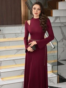 Modelyn Women's Elegant Off Shoulder Long Sleeve Midi Dress Burgundy Maxi Women Outfit Long Evening Dresses