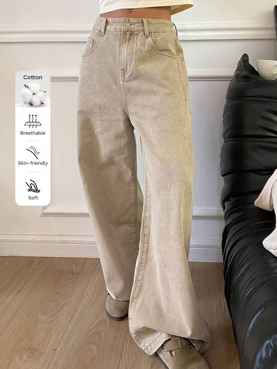 DAZY Ladies' Flared Jeans With Bleach Wash And Distressing,Ladies Button,Pocket,Zipper Natural Wide Leg Long Khaki Curvy Loose Women Jeans,Spring/Fall,Casual Daily Wear