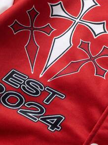 ROMWE MEN Street Life Men's Contrast Trim Front Button Cross & Letter Pattern Long Sleeve Pocket Casual Baseball Jacket - Multicolor - View 3