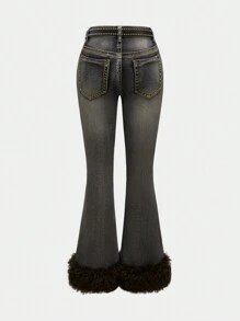 ROMWE J-Fashion 女士 Y2K 辣妹原宿风水钻骷髅星形图案性感喇叭低腰牛仔裤（含腰带） - 深灰色 - 查看 3