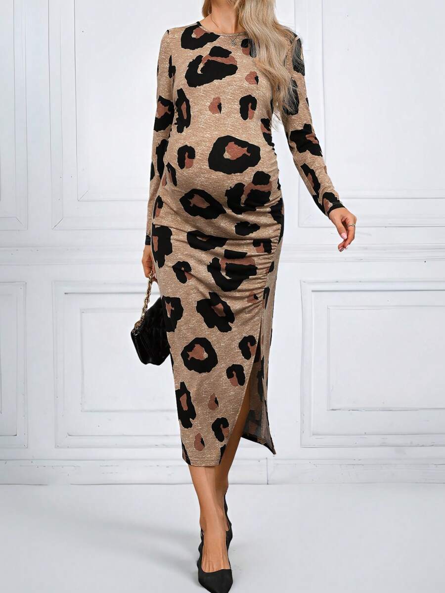 SHEIN Elegantes Umstandskleid mit Leopardenmuster und Schlitz an den Ärmeln für den Herbst - Khaki - Übersicht 1