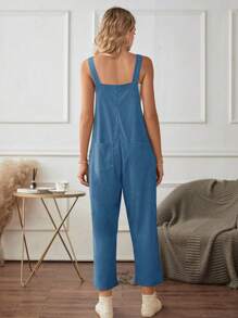 Chiquease 純色口袋貼片連身褲（無吊帶上衣） - 寶藍色 - 查看 2
