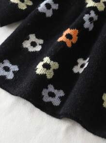 SHEIN 6-9M Baby Girls Warm Floral Pattern Ruffle Hemline Knitted Dress, Winter - Black - View 6