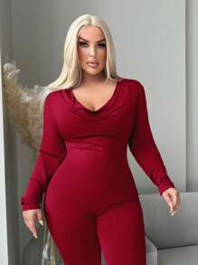 SHEIN SXY Mono de cuello alto ajustado cómodo para mujer talla grande para otoño e invierno, apto para Navidad - Burdeos - Ver 6