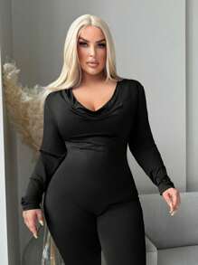 SHEIN SXY Women Plus Size Autumn/Winter Turtleneck Jumpsuit Seamless Jumpsuitblack Body Suitblack Jumpsuit Long Sleeveplus Size Body Suit