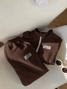 SHEIN 2 piezas Conjunto casual simple para niños pequeños, de felpa, grueso, adecuado para otoño/invierno - Marrón - Ver 3