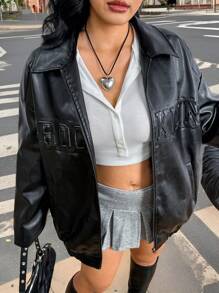 SHEIN EZwear 大码女式黑色字母压纹拉链休闲夹克，适合秋季、冬季的街头风格 - 黑色 - 查看 2