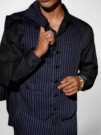 Manfinity VCAY Conjunto de 3 piezas para hombre: blazer de manga larga a rayas de ajuste holgado, pantalones de cintura elástica y chaleco