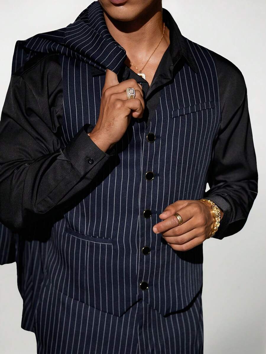 Manfinity VCAY 3pcs/Set Men's Casual Striped Loose Fit Long Sleeve Blazer, Elastic Waist Pants And Vest Suit - Navy Blue - View 1