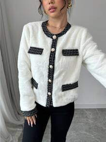 Elenzga Women Elegant Fluffy Jacket, Fashionable Office/Commute Wear, Deep Winter Fall Cloth For Women - Black and White - View 3