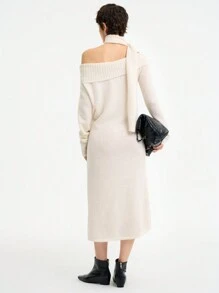 Aalyst Women Casual Asymmetric Collar Solid Color Knitted Sweater Dress, Autumn/Winter