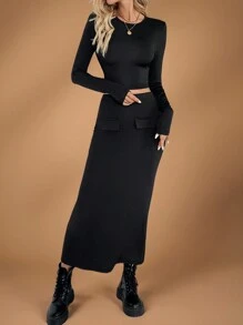 INAWLY 2 件女式休闲纯色圆领长袖 T 恤和长款工装裙套装，秋季 - 黑色 - 查看 3