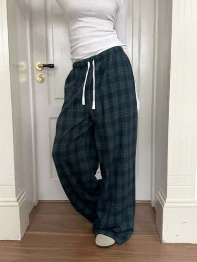 CovetEZ Women's Plaid Color Block Green Blue Loose Wide Leg Pants, Suitable For Autumn/Winter Suitable For Going Out