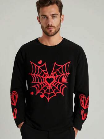SHEIN Matching Family Outfits: Men Casual Loose Round Neck Long Sleeve T-Shirt With Heart & Spider Web Pattern, Simple & Fashionable Design, Suitable For Valentine's Day, Family Gathering, Travel, Leisure, Spring