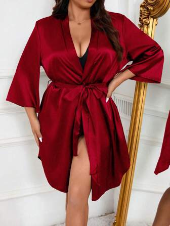 LuxeNights Plus Size Women's Plain Color 3/4 Sleeve Arc Design Faux Silk Bathrobe, Fall