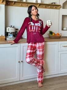 SHEIN 2 件青少年女孩秋冬套装 - 熊和字母刺绣毛衣上衣和格子法兰绒睡裤，柔软舒适 - 紅色 - 查看 3