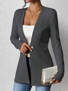Chiquease Women Casual Commuting Solid Color Waist Fitted Blazer - Grey - View 4
