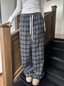 SHEIN EZwear Women's Plaid Pattern Wide Leg Color Blocking Comfortable Pants, Suitable For Autumn/Winter Suitable For Going Out - Multicolor - View 3