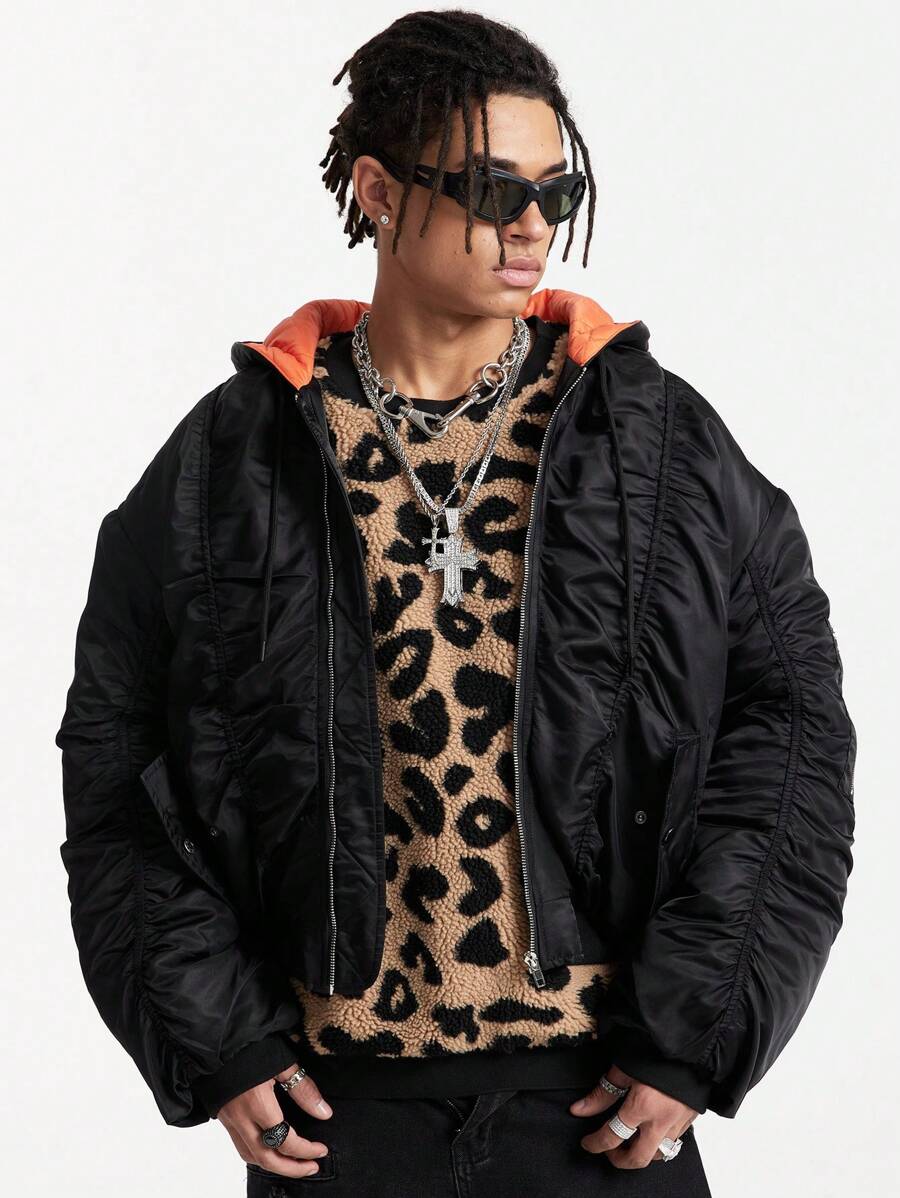 Manfinity RebelGame 男士纯色前拉链连帽休闲短款宽松棉服外套，派对时尚保暖饶舌歌手拼色冬季外套，适合朋友、丈夫、男朋友的礼物 - 黑色 - 查看 1