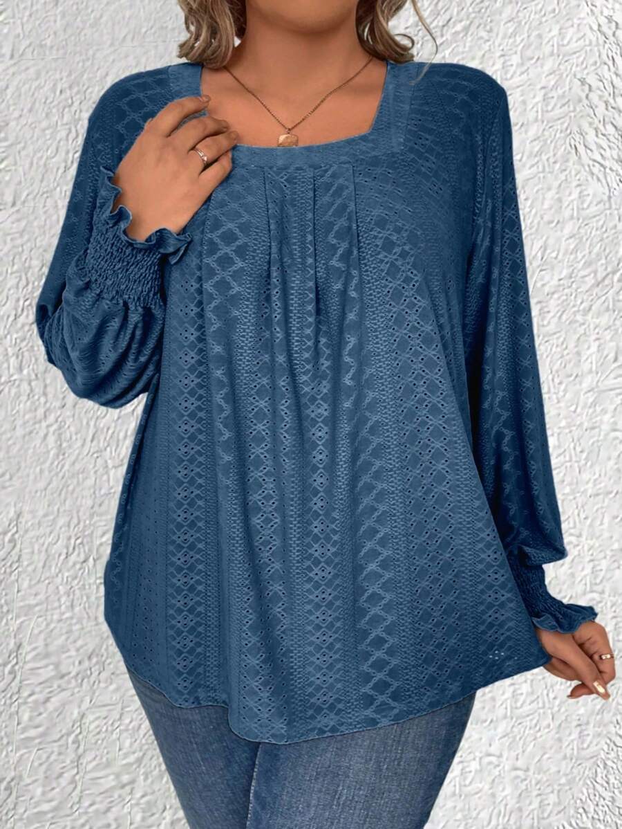 SHEIN LUNE Blusa informal de manga larga, cuello cuadrado y unicolor en tallas grandes - Azul Marino - Ver 1