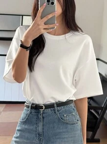 DAZY Women's Loose Crew Neck T-Shirt, Casual Solid Color, Minimalist & Fashionable For Daily Wear