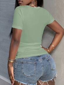 Slaydiva Women Basic Round Neck Short Sleeve Tight Fitted Ribbed Elastic White T-Shirt, Casual Summer - Green - View 5