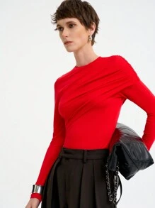 SHEIN LUNE Women's Plain Knitted Crew Neck Ruched Design Long Sleeve T-Shirt, Autumn/Winter, Chic For New Year Clothes - Red - View 5