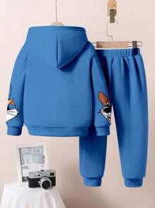 SHEIN Leap Crew 2 件套年轻男孩卡通动物运动图案宽松休闲套头连帽运动衫，舒适合身，适合秋冬季