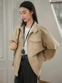 Dazy-Less Chaqueta casual y holgada de unicolor con bolsillos, manga larga, estilo utilitario, ropa de otoño para mujer