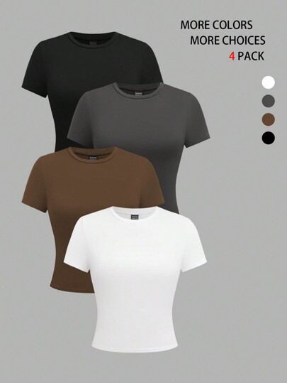 Chiquease 4pcs Women Solid Color Short Sleeve Crew Neck Tight Fit Basic T-Shirts