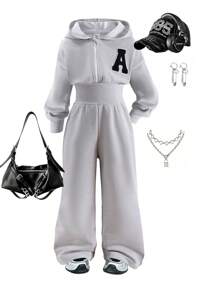 SHEIN Young Girl Casual Everyday Sporty Hooded Full Zip Long Sleeve Jumpsuit, Gray, Comfortable Waist Drawstring Simple Leisure Jumpsuit, Autumn Summer Holiday - Grey - View 3
