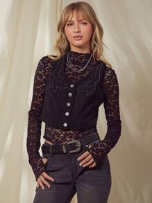 WESTFADE Spring Corduroy Studded Embellished Tank Top Button Front Cropped Western Nashville Outfits