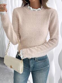 Pariaura 时尚甜美蕾丝领柔软蓬松仿貂毛套头毛衣，秋冬季长袖上衣，针织套头衫 - 杏色 - 查看 5